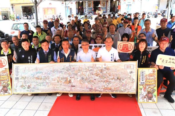 以鳥瞰圖風格製作的「府城隍巡城祭」路關地圖，配合建府城城門城牆地理關係，以活潑生動的方式呈現。（照片來源／臺灣府城隍廟）