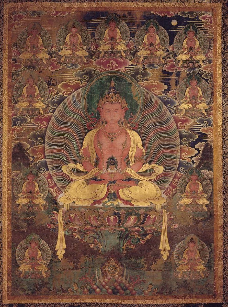 史博館《終章未完》特展9/20前探討信仰生死觀 霞海城隍神尊來參展 1 《終章未完》展特推出國立歷史博物館藏《無量壽佛大藏畫》,主尊為無量壽佛,雙手結禪定印,結跏趺坐於蓮花座上。(取材自國立歷史博物館網站)